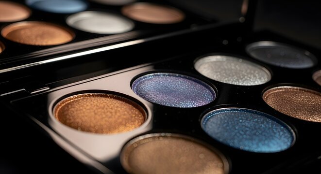 Close-up view of a luxurious eyeshadow palette displaying vibrant colors on a black backdrop, photographed from an angled perspective highlighting design
