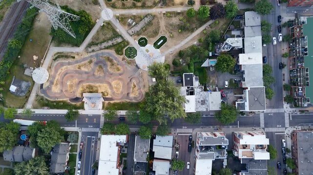 Aerial drone view of Turcot Interchange, Lachine Canal and baseball field at dusk in Montreal, Quebec, Canada. g.
