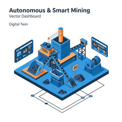 Fototapeta premium Isometric illustration of an autonomous and smart mining operation featuring a digital twin and AI-driven vector dashboard.