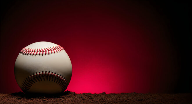 Baseball on a red background with stitching and seams visible