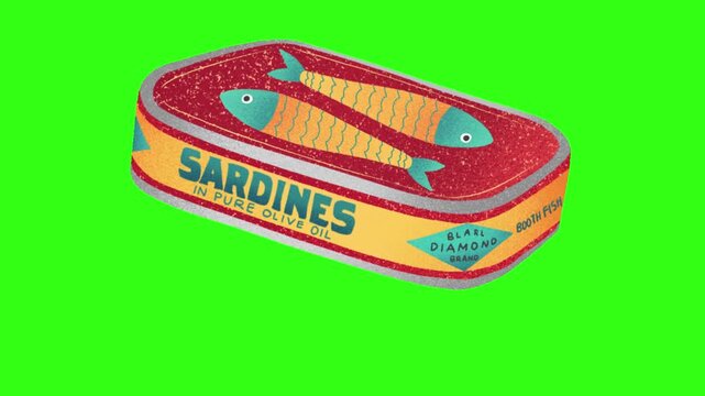 Fish in the can cartoon animation on green screen