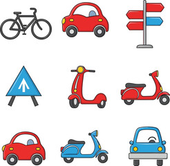 Naklejka premium Illustration of Transportation icons bicycle car scooter road signs
