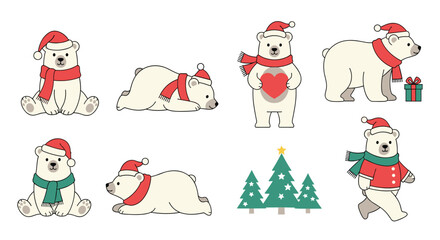 Fototapeta premium Set of cute polar bears wearing festive Santa hats and scarves in various poses and situations celebrating the Christmas holiday season.