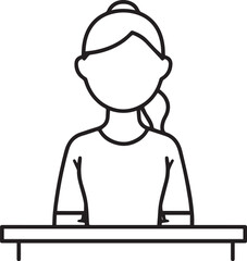 Fototapeta premium Hand Drawn Woman Sitting at Desk Black and White Avatar Illustration in Minimal Line Art Style Design