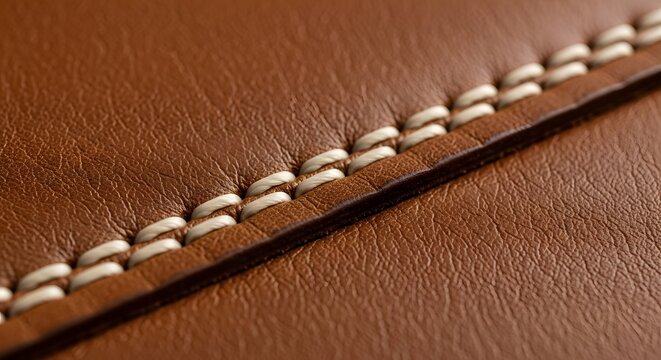 Closeup view of textured brown leather showcasing decorative stitching seam on a smooth surface, highlighting craftsmanship and detail