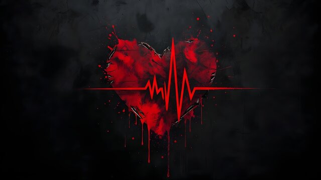 Broken heart with blood splatters and a flatline heartbeat trace on black. Heartbreak and emotional pain concept. Red stylized heart shape dripping with digital pulse line