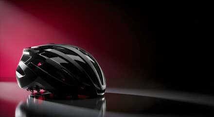 Fototapeta premium A black bicycle helmet on a reflective surface with a red light shining on it