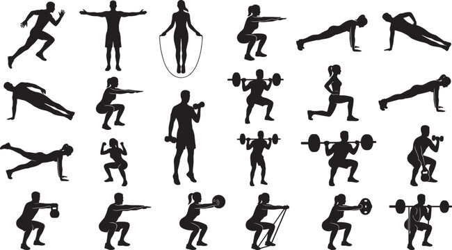Fitness workout exercise silhouettes set, running jumping rope weightlifting squat pushup training gym sport icons