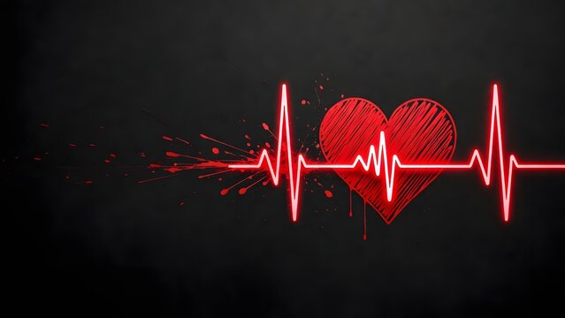 Glowing red pulse line passing through a sketched heart icon with splatters. Health monitoring and medical technology. Vibrant heart rhythm trace moving across a dark blurred background