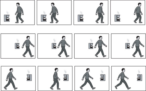 Man walking animation sprite sheet with coffee machine, character movement frames, cartoon vector illustration sequence