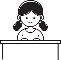 Hand Drawn Woman Sitting at Desk Black and White Avatar Illustration in Minimal Line Art Style Design