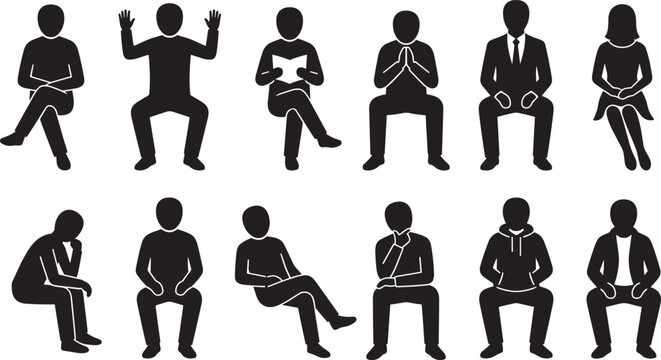 People sitting silhouette set, business men women seated poses waiting thinking talking human figures collection