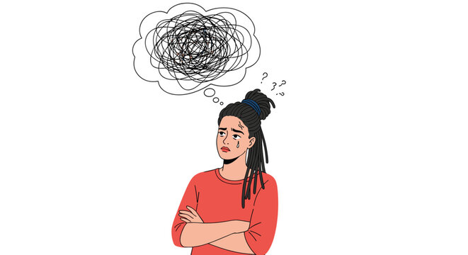 Stressed young woman with dreadlocks has a thought bubble filled with tangled lines representing complex problems.