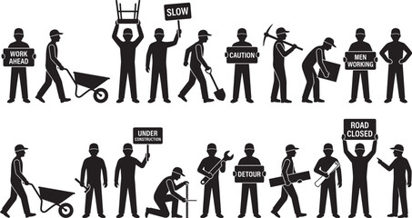 Road construction worker silhouette set, builders holding caution signs tools wheelbarrow industrial work icons