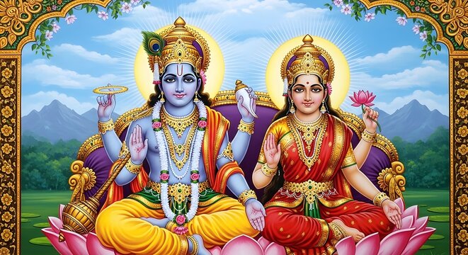 Vishnu and Lakshmi Deities Sitting on Lotus Flower with Mountain and Sky Background