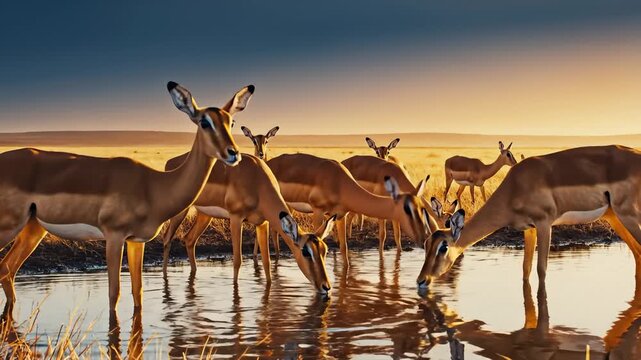 Herd of Impala Antelopes Drinking Water at Sunset in African Savannah