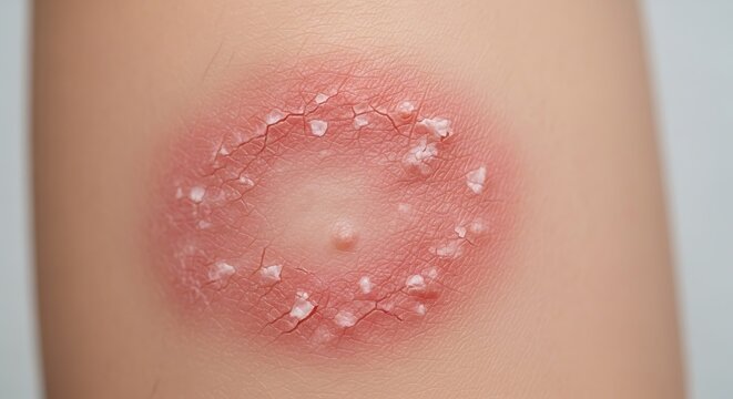 Close-up of a fungal skin infection with a red ring and pustules.