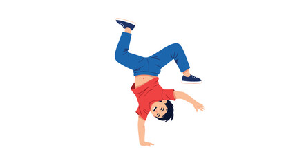 Energetic young boy performing a skillful handstand or breakdance move on a plain white background showing off his athletic balance and agility.