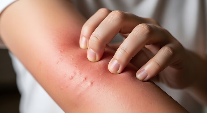 Close up of a person scratching an itchy red rash on their arm.