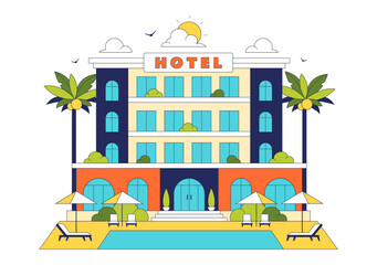 Modern City Hotel Building Illustration Featuring Urban Architecture, Palm Trees, Luxury Accommodation Exterior, Travel Tourism Hospitality Design