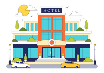 Obraz premium Modern City Hotel Building Illustration Featuring Urban Architecture, Palm Trees, Luxury Accommodation Exterior, Travel Tourism Hospitality Design
