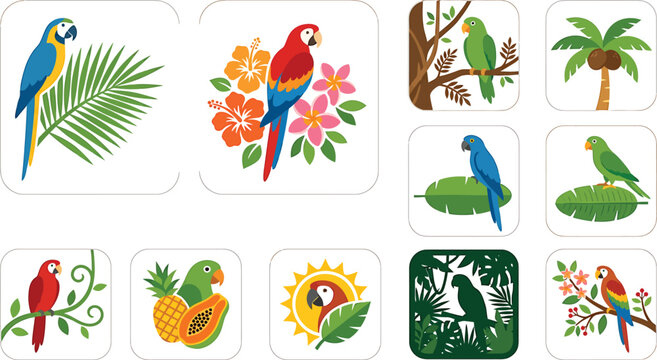 Parrot tropical outline icon pack. Line signs parrot on palm leaf, flowers, jungle branch, coconut tree, banana leaf, vine, tropical fruit, sun, silhouette, and branch. Thin vector icons set
