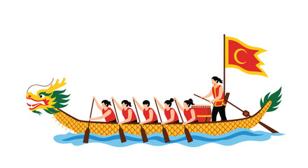 Naklejka premium Team of rowers participating in a traditional dragon boat race on the water with a drummer and a decorative flag during a cultural festival.