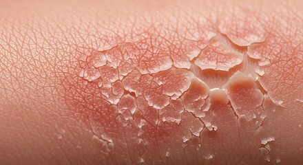 Fototapeta premium Close up of dry flaky skin with redness and peeling texture.