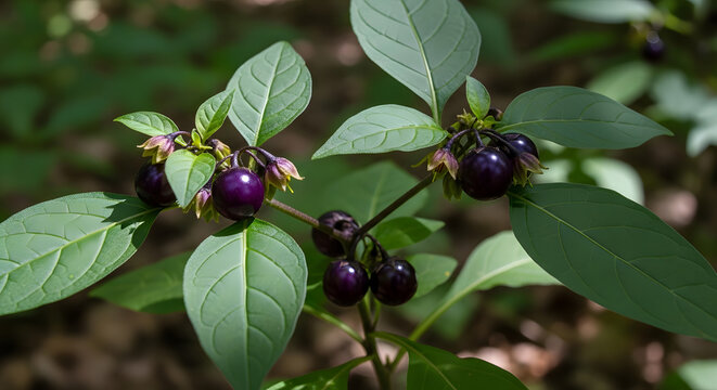 Detailed view of the deadly nightshade plant with its dark berries and leaves