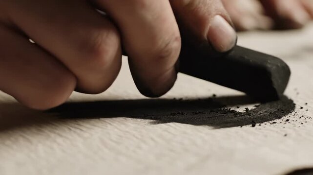 Close-up of hand drawing with charcoal.