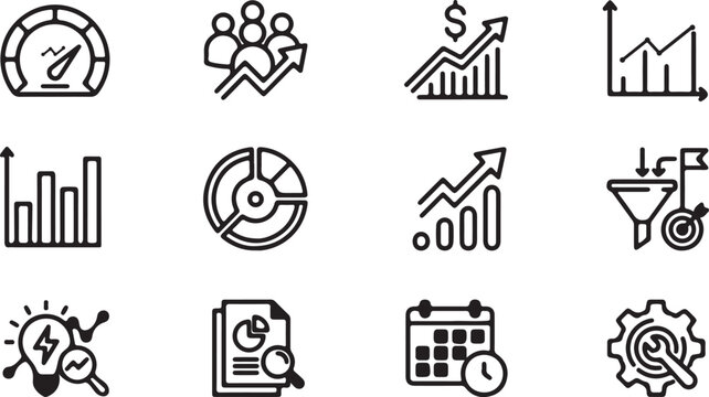 A collection of black and white line icons representing business analytics data visualization and strategic growth high-quality professional detailed modern