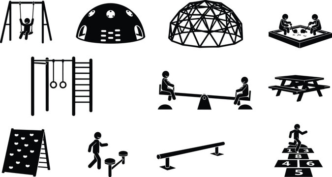 Black silhouette icons of children's playground equipment including swings, seesaw, climbing dome, sandbox, monkey bars, hopscotch, and picnic table isolated on white background for outdoor design.