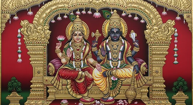 Vishnu and Lakshmi Deities Sitting on Ornate Golden Throne with Decorative Arch and Lotus Flowers