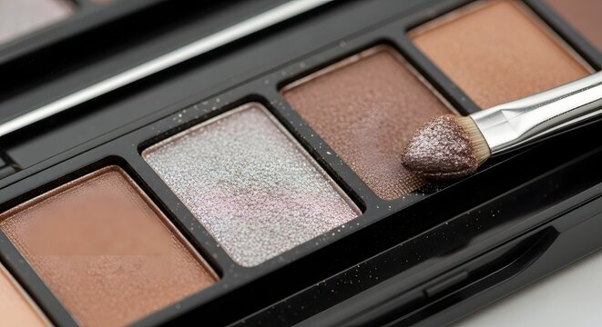 Close-up photo of makeup product showing a brush applying eyeshadow on a black palette in a white studio setting