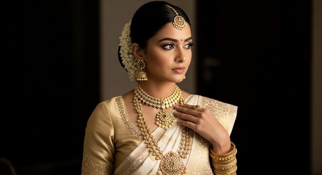 Elegant south indian bride adorned with magnificent antique gold jewelry featuring heavy necklaces earrings maang tikka and traditional white silk saree looking thoughtfully into the distance.