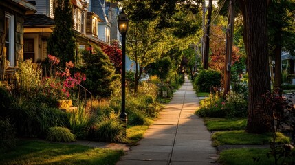 Serene Evening Stroll Along Tree-Lined Sidewalk in Charming Neighborhood with Vibrant Flower Blooms and Warm Streetlight Glow