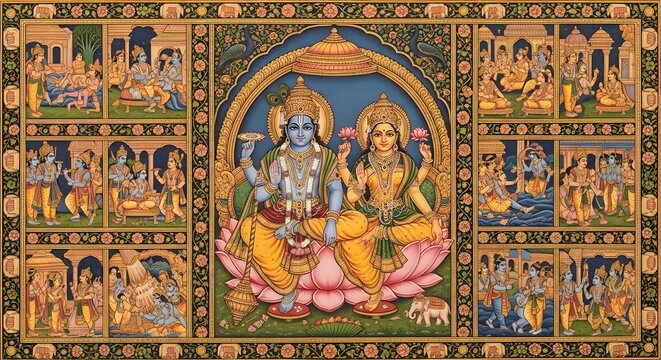 Intricate Traditional Painting Depicting Vishnu and Lakshmi with Mythological Scenes in a Rich Artistic Style