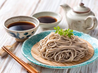 Soba Noodles Appetizer with Dipping Sauce and Tea Set on Wooden Table