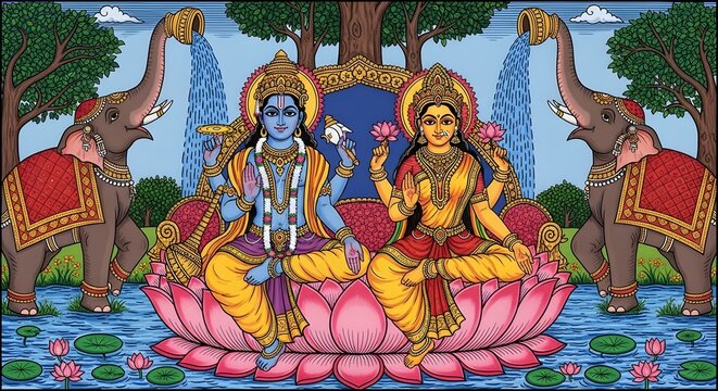 Vishnu and Lakshmi Deities Sitting on Lotus Flower with Elephants and Waterfalls in Traditional Hindu Art