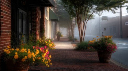 Fototapeta premium Serene Street Scene with Colorful Flower Pots on a Foggy Morning in a Quiet Neighborhood
