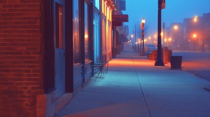 Fototapeta premium Serene Urban Street in Fog at Dusk with Soft Lights and Empty Sidewalks Capturing Quiet City Atmosphere