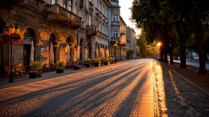 Fototapeta premium Serene Morning Street Scene with Warm Sunlight and Cobblestone Path in Urban Setting