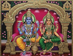 Obraz premium Vishnu and Lakshmi Deities Sitting on Ornate Throne with Rich Decoration and Religious Symbols