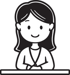 Obraz premium Hand Drawn Woman Sitting at Desk Black and White Avatar Illustration in Minimal Line Art Style Design