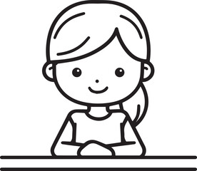 Obraz premium Hand Drawn Woman Sitting at Desk Black and White Avatar Illustration in Minimal Line Art Style Design