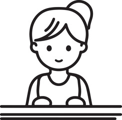 Obraz premium Hand Drawn Woman Sitting at Desk Black and White Avatar Illustration in Minimal Line Art Style Design