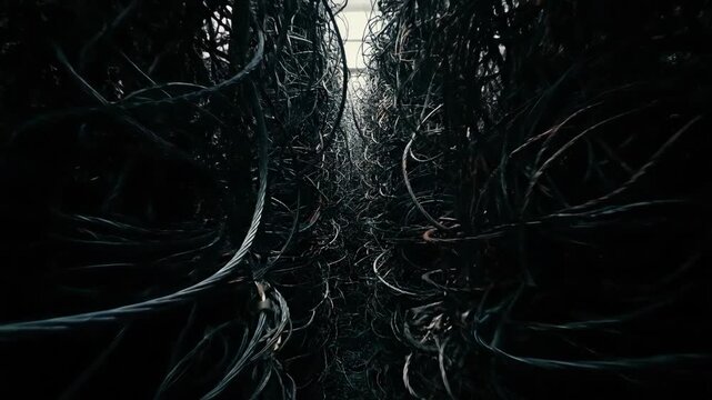 Dark tangled wires creating abstract pattern of technology cables and connections.
