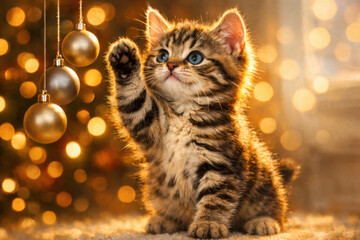 Fototapeta premium クリスマスオーナメントで遊ぶ可愛い子猫、黄金色のボケ光に包まれた冬の温かい室内風景、キジトラの小さな猫とクリスマスの飾り、ホリデーシーズンのグリーティングカードや広告に最適な高品質な動物の画像