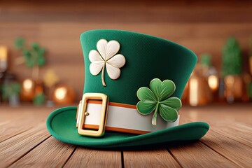 Obraz premium Green leprechaun hat with shamrock and gold buckle for St. Patrick's Day celebration