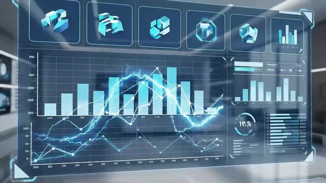 Futuristic interface displays graphs and charts in a high-tech laboratory setting with various screens